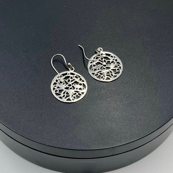 Sterling Silver 925 Filigree Design Round Dangle Drop Pierced Earrings - Picture 4 of 5